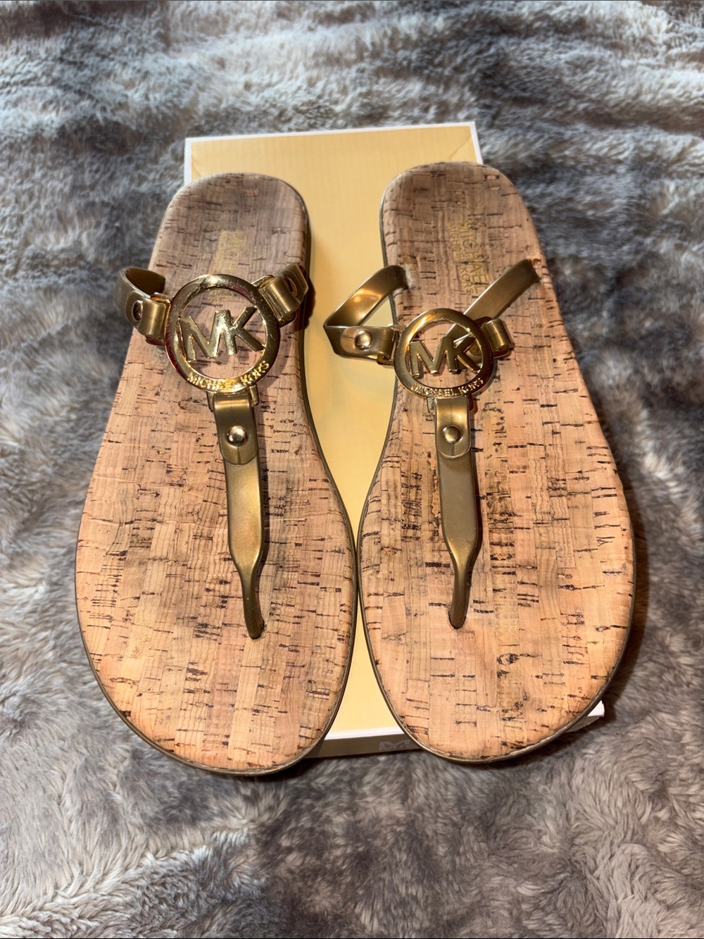 Michael Kors Metallic Gold MK Logo Cork-Style Thong Sandals